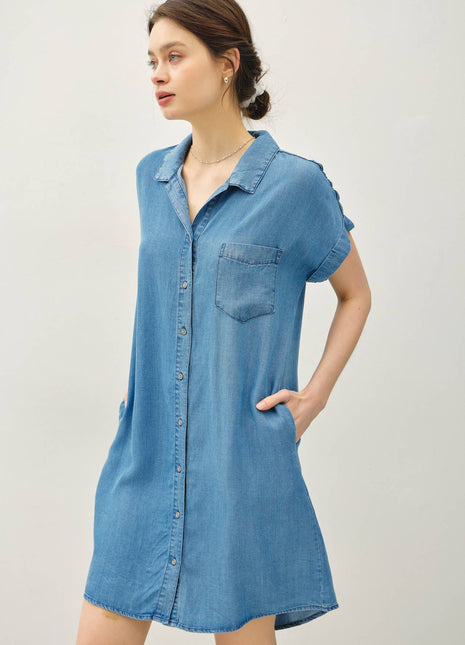DENIM WASH BUTTON DOWN TENCEL DRESS : MED WASH S/M/L.
