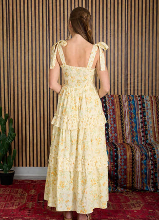 FLORAL SWEETHEART SMOCKED RUFFLE DETAIL MIDI DRESS: YELLOW MULTI.