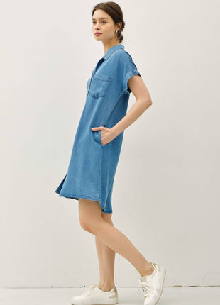 DENIM WASH BUTTON DOWN TENCEL DRESS : MED WASH S/M/L.