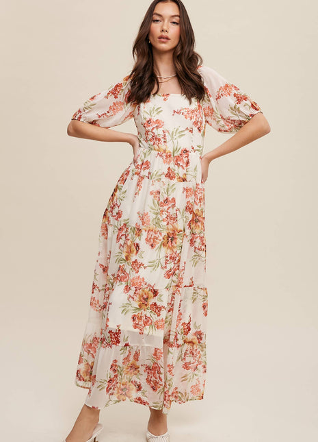 Floral Tiered Maxi Dress: Cream / S / M / L
