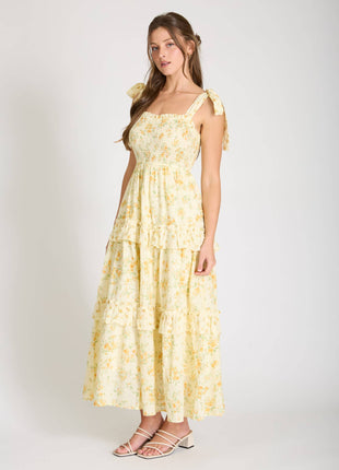 FLORAL SWEETHEART SMOCKED RUFFLE DETAIL MIDI DRESS: YELLOW MULTI.