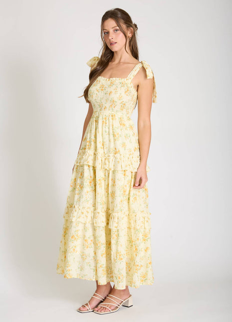 FLORAL SWEETHEART SMOCKED RUFFLE DETAIL MIDI DRESS: YELLOW MULTI.