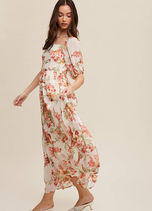 Floral Tiered Maxi Dress: Cream / S / M / L