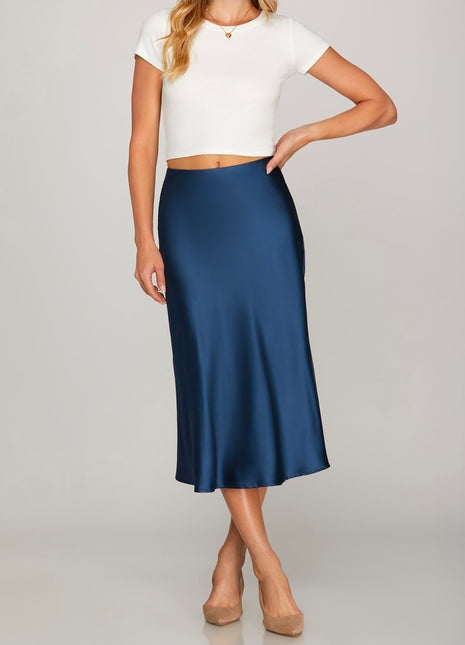 NAVY MIDI SATIN SKIRT