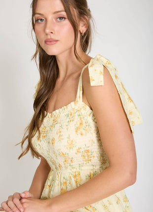 FLORAL SWEETHEART SMOCKED RUFFLE DETAIL MIDI DRESS: YELLOW MULTI.