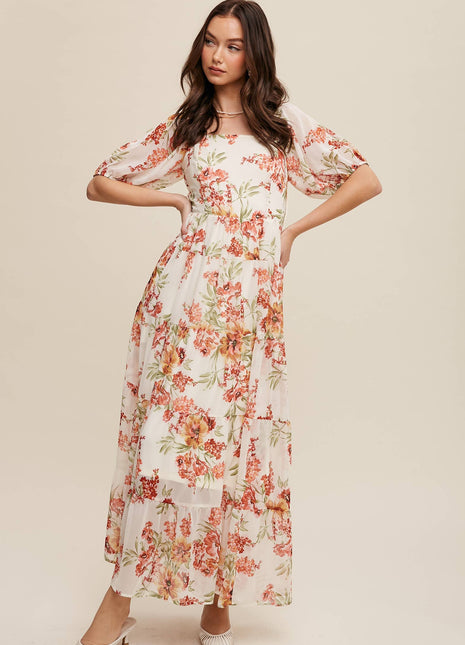 Floral Tiered Maxi Dress: Cream / S / M / L