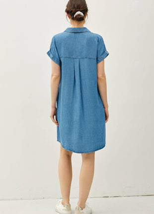 DENIM WASH BUTTON DOWN TENCEL DRESS : MED WASH S/M/L.