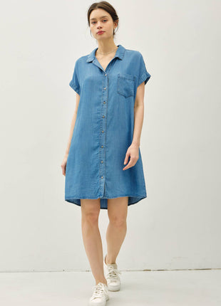 DENIM WASH BUTTON DOWN TENCEL DRESS : MED WASH S/M/L.