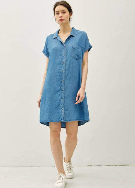 DENIM WASH BUTTON DOWN TENCEL DRESS : MED WASH S/M/L.
