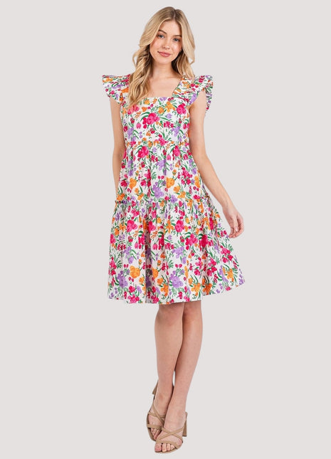 Cotton Women's Dress Multicolor Flower Print, Ruffle Shoulder A-Line Mini Dress