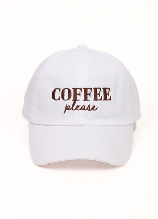 White cap with 'COFFEE please' text on a white background